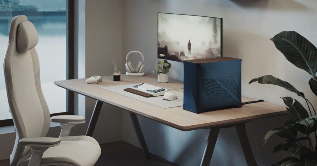 A wide shot of a home office set up with a desktop PC.